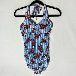 Sourpuss Blue White Striped Red Lobster Print One Piece Swimsuit Bathing Suit S